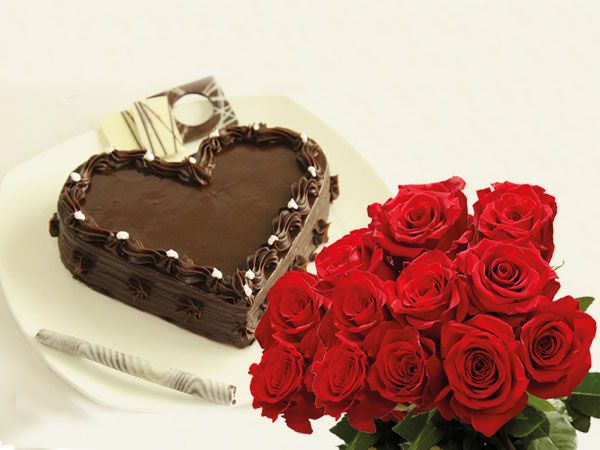 Chocolate Heart Cake | 10 Roses Combo