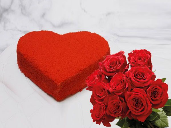 Red Velvet Heart Cake | 10 Roses Combo